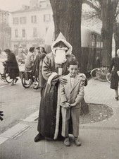 Vintage 1950s Pere Noel Santa Child European Street Snapshot Photo 3.5x5 picture
