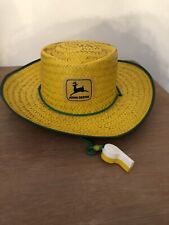 VINTAGE JOHN DEERE YELLOW STRAW HAT WITH ATTACHED WHISTLE FARMER WIDE BRIM picture