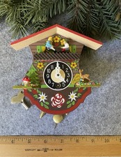Vintage J. Engsiler Mini Swiss Chalet Clock Fawn, Mushroom, Seesaw picture