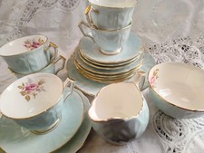 VINTAGE AYNSLEY CROCUS EMBOSSED DUCK EGG & PINK ROSES COFFEE SET 18pcs RARE FIND picture