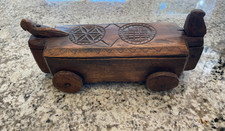 ANTIQUE CARVED SCANDINAVIAN WOODEN KITCHENWARE TABLE SALT BOX ON WHEELS picture