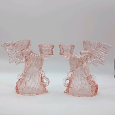 2 Vintage 80's 90's Rose Pink Glass Angel Candle Holders Mantle Decor Cute 5” picture