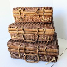 Vintage Nesting Wicker Suitcase Baskets Set of 3 Rattan Stacking Boho Storage picture