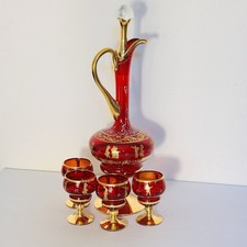 Vintage Ruby Red Glass Decanter Set 4 Cordials Gold Greek Figures MCM Italy picture