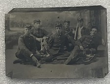Antique 19thC Tintype Photo Musicians Cornet Brass Band Uniform Instruments Hat picture