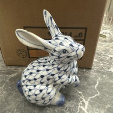 Vintage Andrea By Sadek Hand Painted Porcelain Blue & White Rabbit Figurine picture