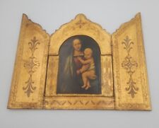 Vintage wood gilt religious triptych with Raphael's Madonna del Granduca picture