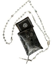 Vintage Beaded Cross Rosary Crucifix, Tiny Leather Prayer Book Estate Case Clear picture