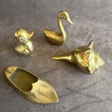 Vintage Solid Brass Decor Lot Mid Century MCM Swan Duck Conch Shell Shoe 4pc picture