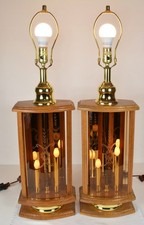 Vtg Pair MCM Don Ward Table Lamps Amber Etched Glass Panel Wood Brass 3-Way NICE picture