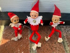 3 Vintage Christmas Pixie Elves Posable Knee Hugger Elves picture