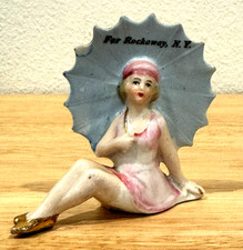 Antique German Flapper Girl Bathing Beauty Parasol Rockaway NY Souvenir Figurine picture