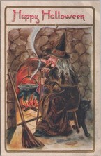 Antique Embossed Halloween Postcard- Witch Sits By Fire With Broom picture