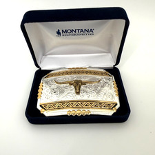 Montana Silversmiths Silver Gold Engraved Longhorn Belt Buckle Rodeo USA Made picture