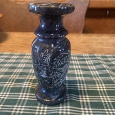 Swirled Marble Black and Gray 5” Vase Oriental Hand Etched Dragons picture