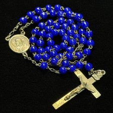 Vintage - Antique Sapphire Blue Belted Prosser Glass Bead Rosary picture