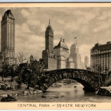 c1930s Central Park at 59th St New York City Postcard Stone Footbridge Skyline picture