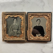 Pair Antique 1800s Tintype Photos Victorian Portraits Ornate Cases Damaged picture