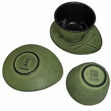 IWACHU Japanese Cast Iron Teacups & Saucers  Set of Two Pair Green Dragonfly picture