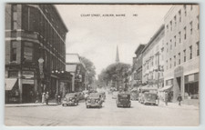 Postcard Court Street with Corner Drug Store and Vintage Cars in Auburn, ME picture