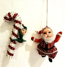 Vtg 1960s Mid Century Sequin Beaded Christmas Ornaments Santa Elf Candy Cane Lot picture