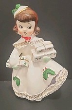 Vtg Relco? Christmas Shopper Girl Coat Spaghetti trim Lady Figure Ceramic 50'S picture