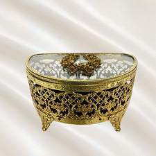 Vintage Ormolu Jewelry Casket Box Hollywood Regency Filigree Glass Top Footed picture