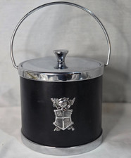 Vintage MCM Black Faux Leather Ice Bucket Chrome Knight Crest Shield Barware picture