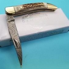 Damascus Steel Pocket Knife Genuine Stag Handle Toothpick Folding Blade 5.5x2.75 picture