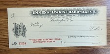 25 Vintage bank check EMMONS HAWKINS HARDWARE Huntington West Virginia. WV 1899 picture