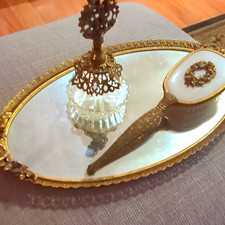Vintage Oval Mirrored Vanity Tray w/ Perfume Bottle, Brush picture
