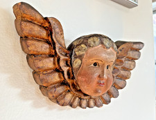 VTG Argentine Hand Carved Wood Angel Putto Cherub Head Wall Figure Polychrome picture