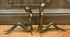 DOLBI CASHIER SOLID BRASS BOOK ENDS ART DECO NUDE WOMEN TWIGGY MCM SIGNED EUC picture