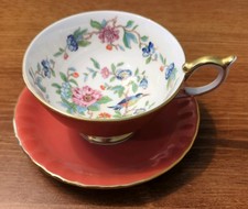 Vintage Flawless AYNSLEY Orange Tea Cup & Saucer Birds Of Knowledge & Flowers picture