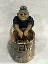 Vintage Hand Carved Wood Granny Figurine Wash Tub Washboard Folk Art Caricature picture