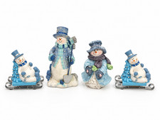 Vintage Blue Snowman Figurines Lot of 4 Winter Christmas Metal Sleds & Shovel picture
