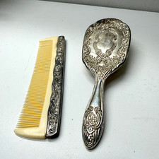 Vintage Ornate Hair Brush & Comb Set Silver Plated Vanity Set picture