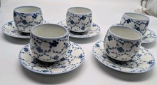 Vintage 1980s Japanese Porcelain Tea Set - 5 Handleless Cups & Saucers, Blue... picture