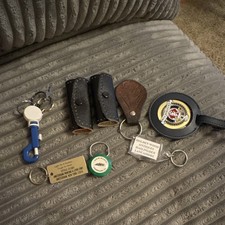 Title: Vintage Keychain Lot 7pc Advertising Novelty Leather Key Wraps Brass Fob picture