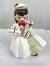 Vintage Napco Christmas Shopper Girl Holding Presents Ceramic Figurine 1956 READ picture
