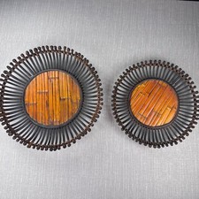 VTG Mid Century Bamboo Sunburst Trays Serving Plates Wall Art Tiki Decor Set-2 picture