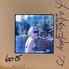 Vintage 1973 Labor Day 35mm Color Slide Woman Bikini Fishing Lake Outdoors picture
