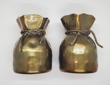Pair of small vintage mid century brass drawstring coin money bag vases Spain picture