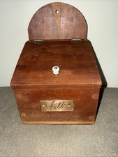 Antique Primitive Wood Salt Box Hinged Lid Vintage Farmhouse Wall Mount Decor picture
