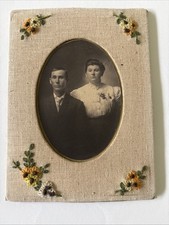 VTG 1900- 1910 Sepia Couple Portrait Fabric Handmade Frame W/embroidered Flowers picture