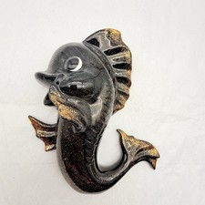 Fish Wall Pocket Black Gold Ceramic Anthropomorphic Vintage Kitsch picture