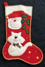 Vintage Felt Sequin Christmas Stocking Holiday Santa Cat 3D Handmade 15” picture
