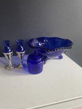 Vintage Cobalt Blue Glass 4-Pc Lot Silver Filigree Vases Footed Bowl Lidded Jar picture