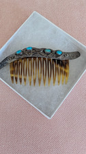Vintage Turquoise Tone Hair Comb Tortoise Shell Silver Tone Modele Depose picture