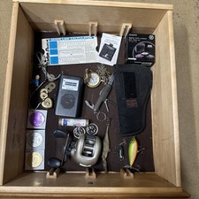 Vintage Junk Drawer Coins Watches jewelry Fishing Reel Fishing Lure Knife tokens picture